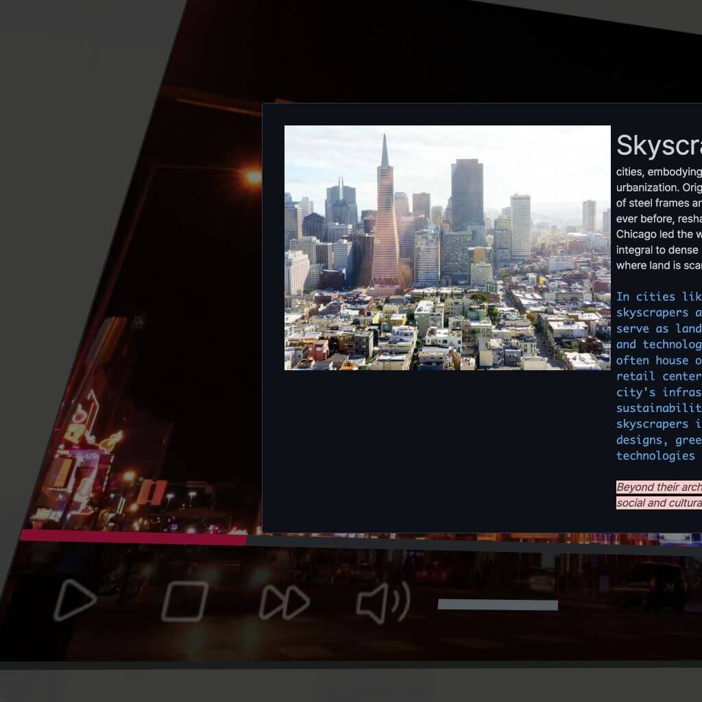In-scene media player showing a skyscraper article