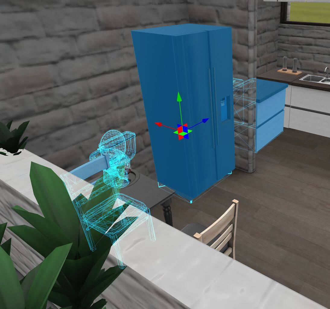 Drag-and-drop scene editor placing a refrigerator with gizmos